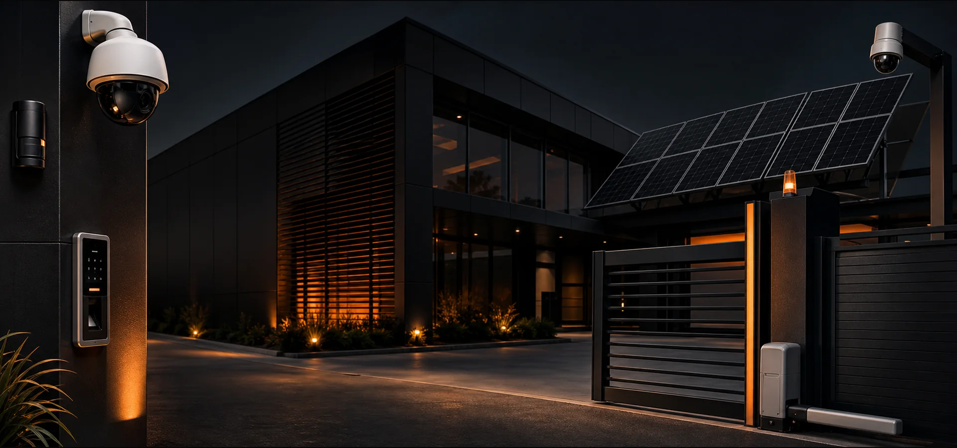 Ilustração de câmeras, controle de acesso e energia solar integrados a uma residência